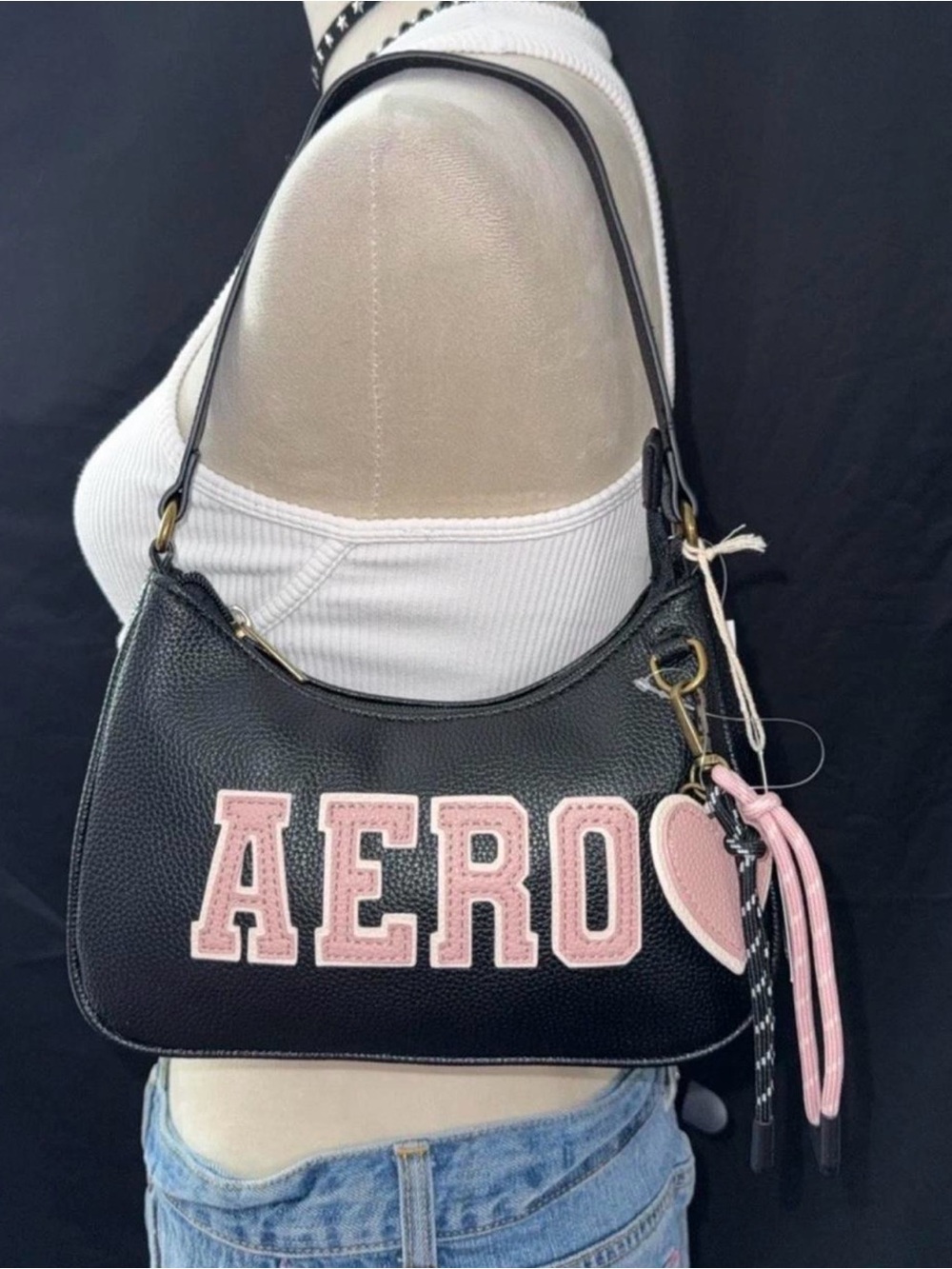 Aeropostale Black Shoulder Bag with Pink Lettering and Heart Charm